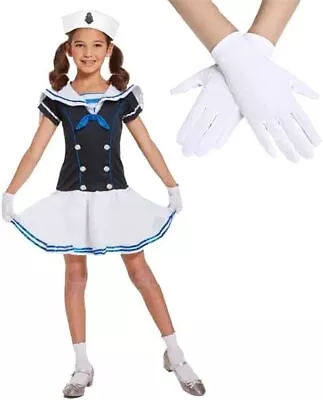 Childrens Sailor Girls Uniform Fancy Dress Costume Marine Navy Hat Dress Glove • £14.90