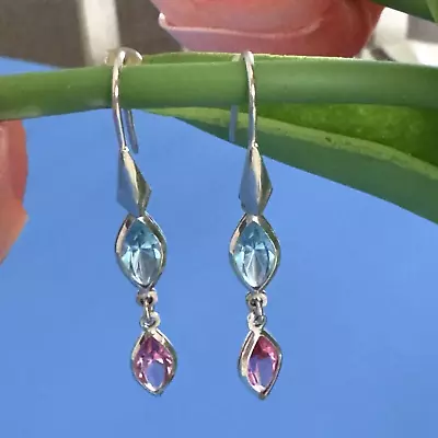 925 Sterling Silver Dangle Earrings Blue And Pink Marquise Crystals 1.75  Drop • $12