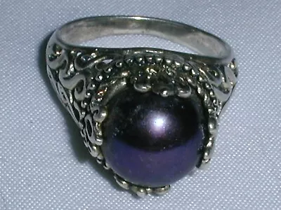 Gorgeous~ Cfj Stelring Silver 10 Mm Black Pearl Ring- Size 8! • $49