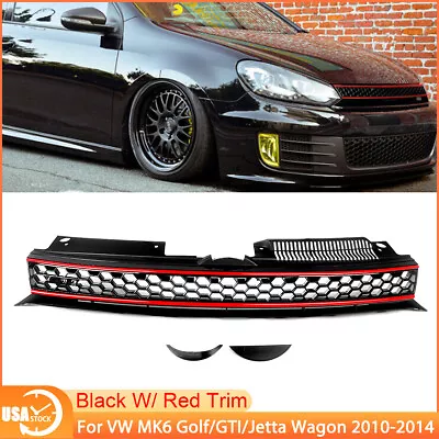 Badgeless Front Grille Black Red Trim Fit VW MK6 Golf GTI Jetta Wagon 2010-2014 • $41.22