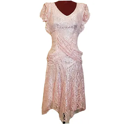 Vintage 80s Dress Small Pink Lace Drop Waist Butterfly Sleeve Cocktail Prom • $45.97