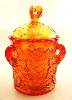 Vintage Mosser Carnival Glass Persimmon Candy Jar With Ornate Lid • $71.99