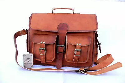 Mens Goat Leather Briefcase Vintage Brown Messenger Bag Shoulder Laptop Satchel • $65.01