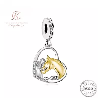 Horse & Girl Charm Genuine 925 Sterling Silver And Gold - Animal Gift • £16.99