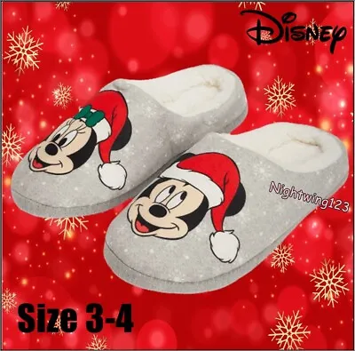 TU Size Small 3-4 Christmas Disney Mickey & Minnie Mouse Grey Borg Mule Slippers • £8.99