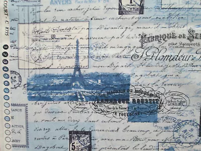 Vintage Paris Scribe Post Cards Marks Eiffel Tower Blue Cotton Fabric Fq  • $3.85