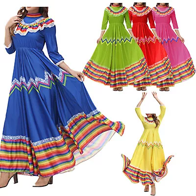 Women Mexican Dance Dresses Festival Colorful Stripe Lace Trim Dress + Hair Clip • $10.11