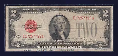 1928 $2 Legal Tender Red Seal Note 'Happy Birthday Brother' Two Dollar Bill • $17.65