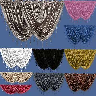 Crushed Velvet Beaded Voile Curtain Swags - Pelmet Valance Curtains Swag • £7.99