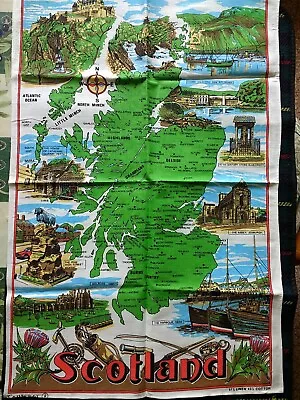 £4.99 • Buy VINTAGE SCENIC TEA TOWEL WITH MAP AND SCENES OF SCOTLAND,  NEW 1960s PRISTINE