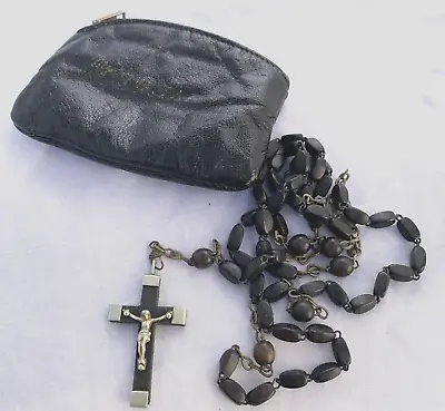Vintage Black Bead Rosary France With Leather Pouch • $20