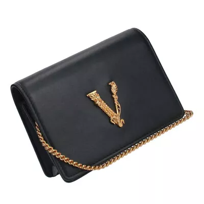 Versace Virtus Mini Chain Wallet Crossbody Shoulder Bag Black Leather Authentic • $370.25