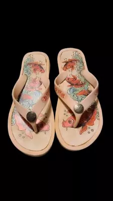 Y2K ED HARDY Women’s Flip Flops Size 7/8 Pink Fish • $27.40