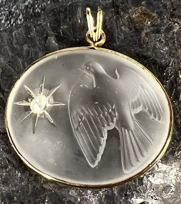 Vintage Nina Ricci Lalique Frosted Glass Peace Dove Pendant With Rhinestone • $44.50