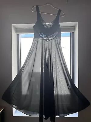 VTG Sheer Black Long Undercover Wear XL Lace SWEEP Nylon Gown Slip Dress Nightie • $9.99