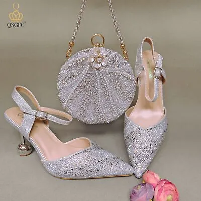 Peach Sparkling Diamond With Pearl Flower Decor Party Ladies Shoes And Bag Set • £113.44