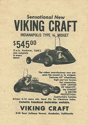 Vintage And Rare 1959 Viking Craft Indianapolis Type Quarter 1/4 Midget Ad • $16.99