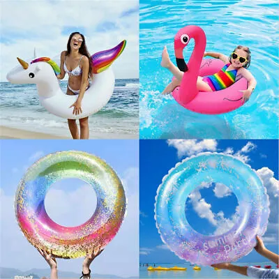 Adults Kids Inflatable Swimming Ring Flamingo Unicorn Swim Pool Beach Floats Toy • £6.59