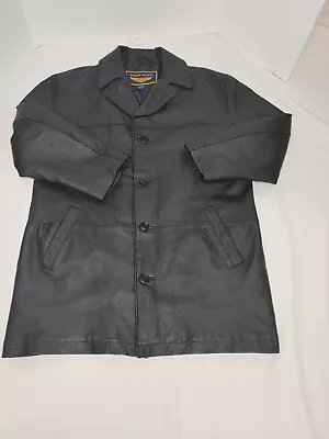 Men's Airborne Leather Trench Coat Size M/M Black Lined Button Down • $39.99