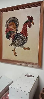 Vintage Seed Art Mosaic Rooster Chicken Handmade Picture Decor 20 X 23 Nice! • $125