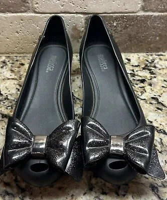 Melissa Girls Size 5 Black Flexible Ultragirl Sweet-Bow Ballerina Shoes Sparkle • $15