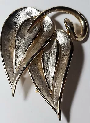 Vintage Kramer Gold & Silver Tone Textured Double Leaf Brooch Pin 2.25  Signed  • $9.95