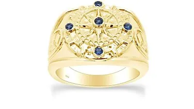 Round Simulated Blue Sapphire Compass Design Ring 14k Yellow Gold Plated For Men • $144.84