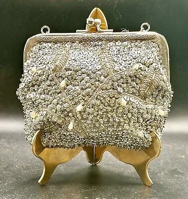 Antique Silver Bead Sequined Evening Bag W/ Pearls. Beautiful Bag From Brazil. • $15.50