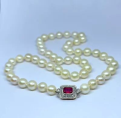 1920's Pearls Necklace - Art Decó Clasp With Natural Diamonds And Ruby - 473 • $599.99