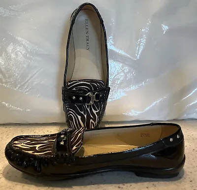 Ellen Tracy “Simon” Black Patten Leather Loafers W/ Br & Wh Fur Design 8 1/2 M • $18