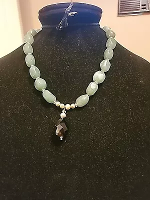 Jade Onyx Pearl And 925 Sterling Silver Vintage Necklace By Handpicked  • $160