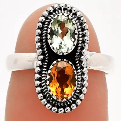 Prasiolite (Green Amethyst) & Padparadscha 925 Silver Ring S.5.5 Jewelry R-1386 • £8.44