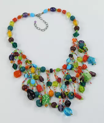 Vintage Multi Color Glass Beaded Fringe Bib Necklace Boho STUNNING! 18-21  • $34.99