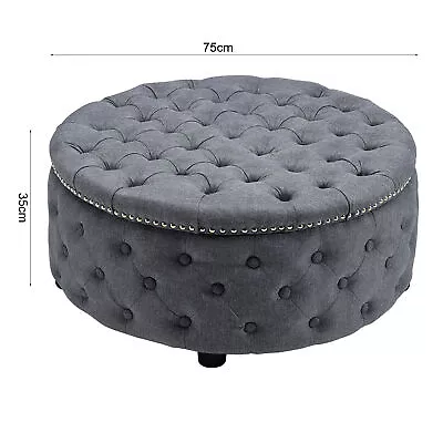 75cm Large Round Fabric Linen Chesterfield Footstool Pouffe Ottoman Coffee Table • £119.95