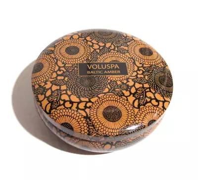 VOLUSPA Candle 12 Oz Baltic Amber 3 Wick Round Tin With Lid Handpoured Unused • $25