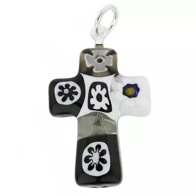 GlassOfVenice Murano Glass Black And White Millefiori Small Cross Pendant • $27.95