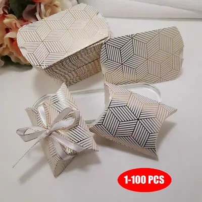 100x Pillow Gift Box Jewellery Wedding Favour Paper Packaging Party Window Card • £3.29