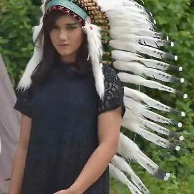 Feather Headdress White Feathers Headpiece Indian Headband Replica Womens  • $78