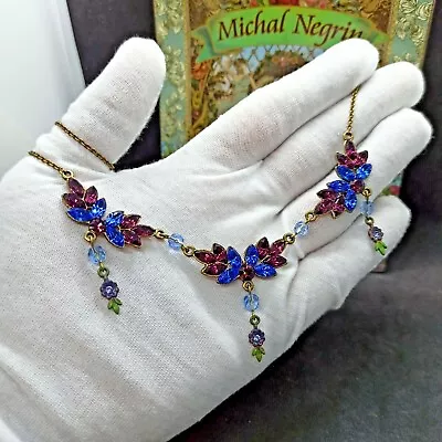 Michal Negrin Necklace Blue Purple Leaves Chandelier & Swarovski Crystals Gift  • $78.40