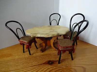 Vintage  Dolls House Marble Top Table And Four Bent Wood Dining Chairs • £65