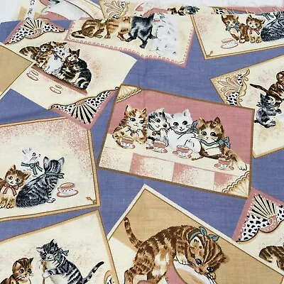 Vintage Hi-Fashion Kittens Tea Party Postcard Fabric Purple Pastels 28  X 44  • $12