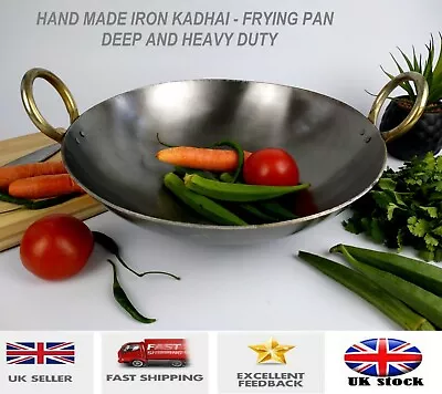 12   Iron Frying Pan Wok Kadai Karahi Kadhai Heavy Duty Round Base Deep Handmade • £15.99