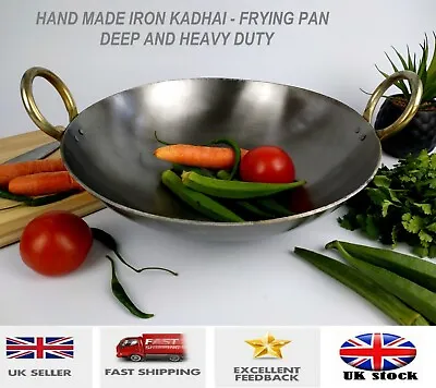 Iron Frying Pan Wok Kadai Karahi Kadhai Heavy Duty Round Base Deep Handmade NEW • £24.99