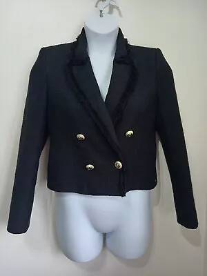 Zara Black Tweed Boucle Cropped Blazer Jacket M 14 Double Breasted • £25
