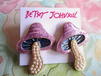 Enamel Enchanted PURPLE Magic Mushroom BETSEY JOHNSON Pearl LARGE Earrings NWT • $19.76