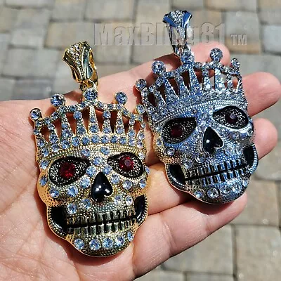 Hip Hop Jewelry Icy Gold Silver Pt Cubic Zirconia Large King Crown Skull Pendant • $32.99