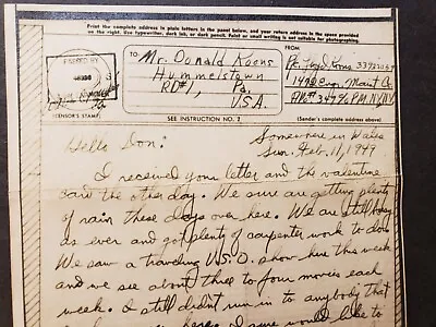 APO 349 NEWPORT  WALES UK 1945 Censored WWII Army Cover ENGR V-MAIL Letter • $9.99