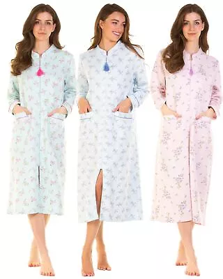 La Marquise Zip Robe Mock Quilt Cotton Rich Long Sleeve Floral Dressing Gown • £22.99