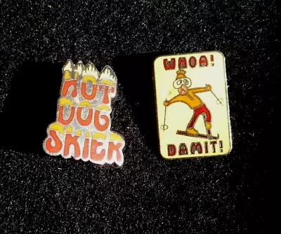 Pair Of Humorous Vintage Skiing Hat/Lapel Pins - For Your Favorite Skier • $5.99