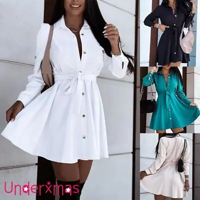 Womens Button Up Shirt Dress Long Sleeve Belted Ladies OL Work Casual Mini Dress • £3.29